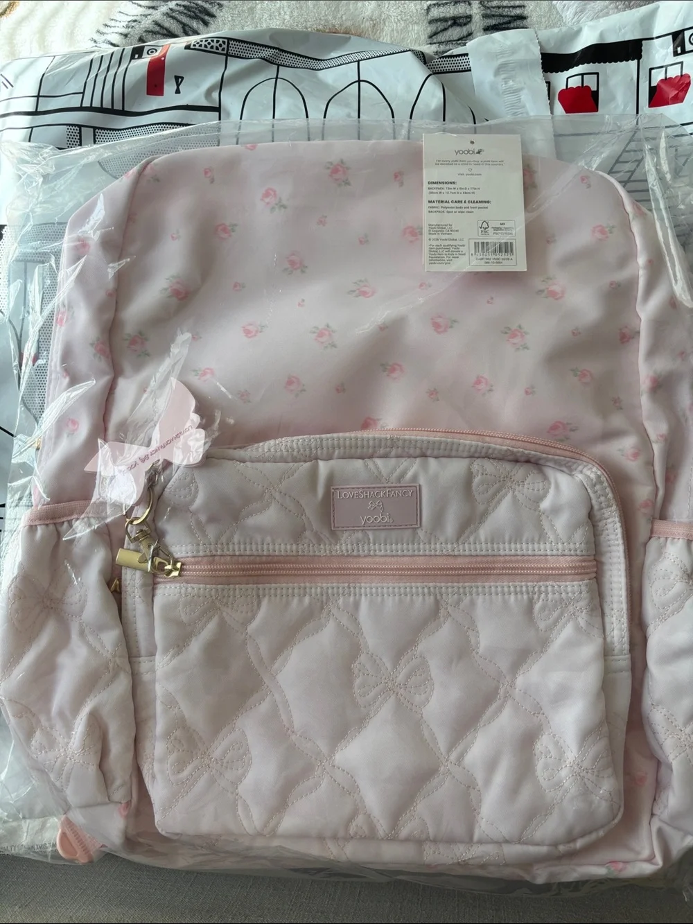 LoveShackFancy Kids Pink Floral Quilted Bow Backpack